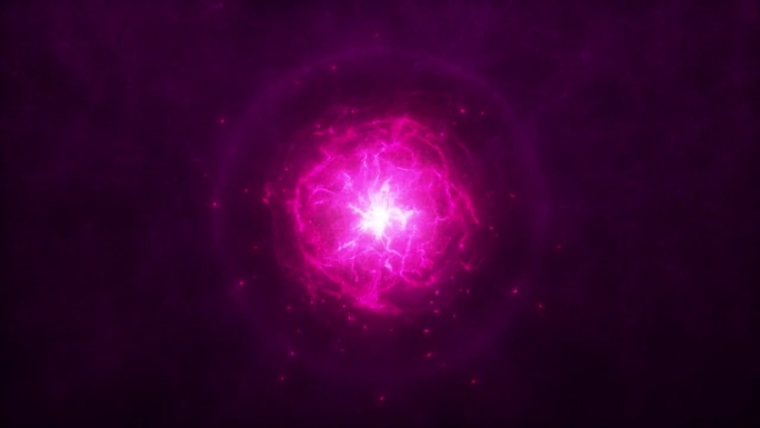 明亮的紫色发光旋转球体与炽热的能量核心和粒子