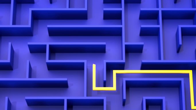 3d渲染:概念-解决一个复杂的问题。蓝色迷宫和地板与动画黄色的解决方案路径。特写视图。
