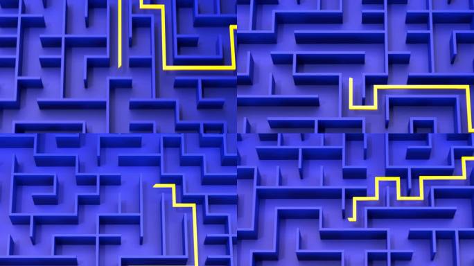 3d渲染:概念-解决一个复杂的问题。蓝色迷宫和地板与动画黄色的解决方案路径。特写视图。