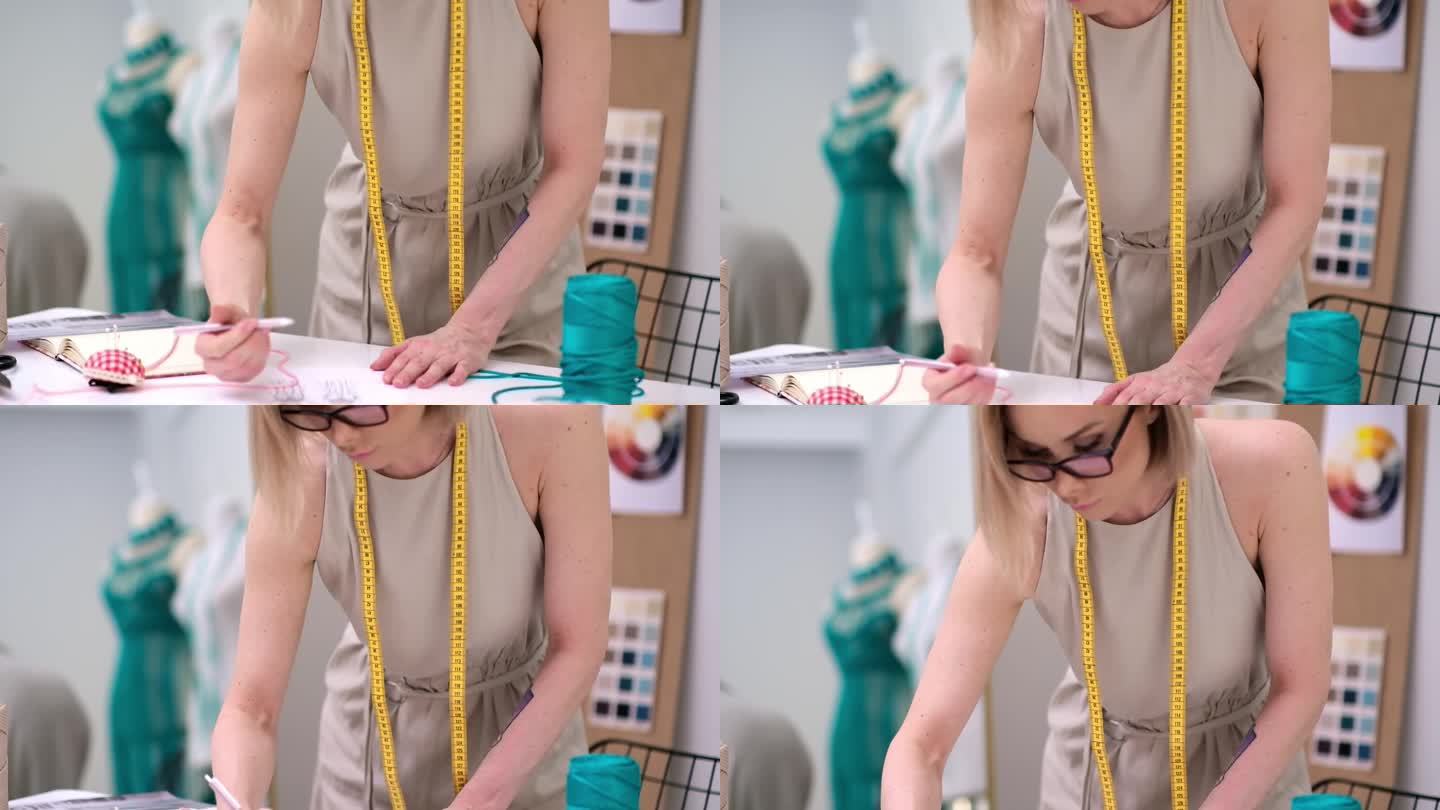 设计师在时装工作室用铅笔在纸上画出未来女性的服装草图