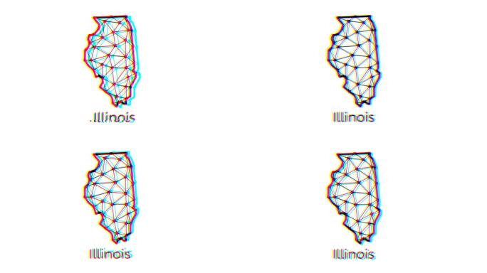 伊利诺伊州地图动画在多边形风格与故障效果，4k分辨率视频，美国各州运动图形