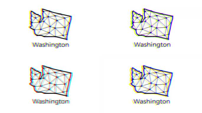 华盛顿州地图动画在多边形风格与故障效果，4k分辨率视频，美国各州运动图形
