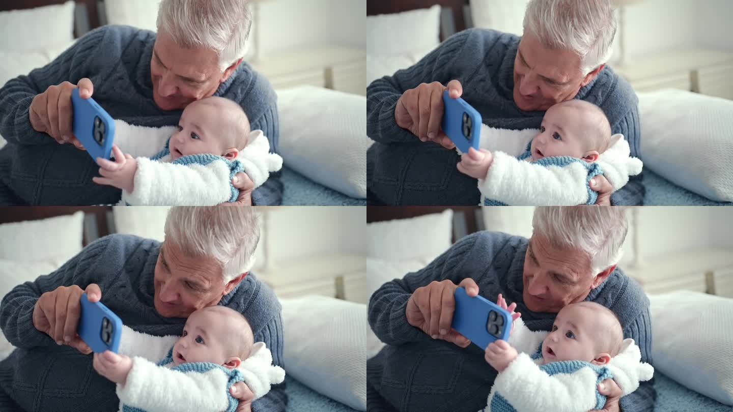 爷爷，手机和孩子在家里自拍，游戏或移动视频的孩子。卧室，孩子和爷爷的爱，关心和支持，以及社交媒体上的