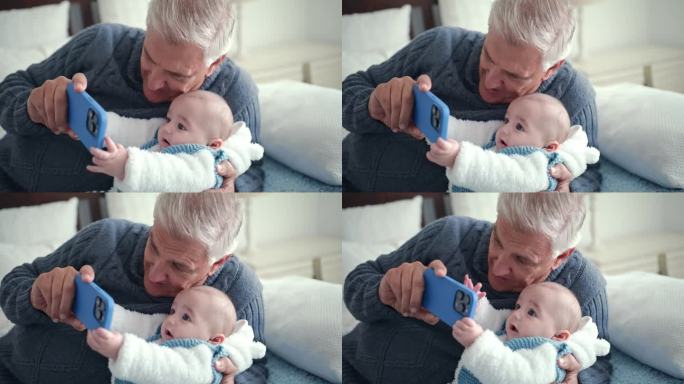 爷爷，手机和孩子在家里自拍，游戏或移动视频的孩子。卧室，孩子和爷爷的爱，关心和支持，以及社交媒体上的