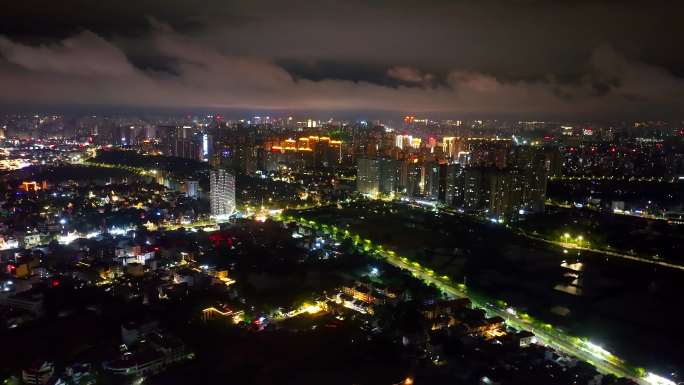 北海市区夜景云雾缭绕航拍