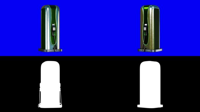 无缝3D旋转渲染的尖端，但老式，电动汽车充电站，合成与蓝屏和亮度哑光。