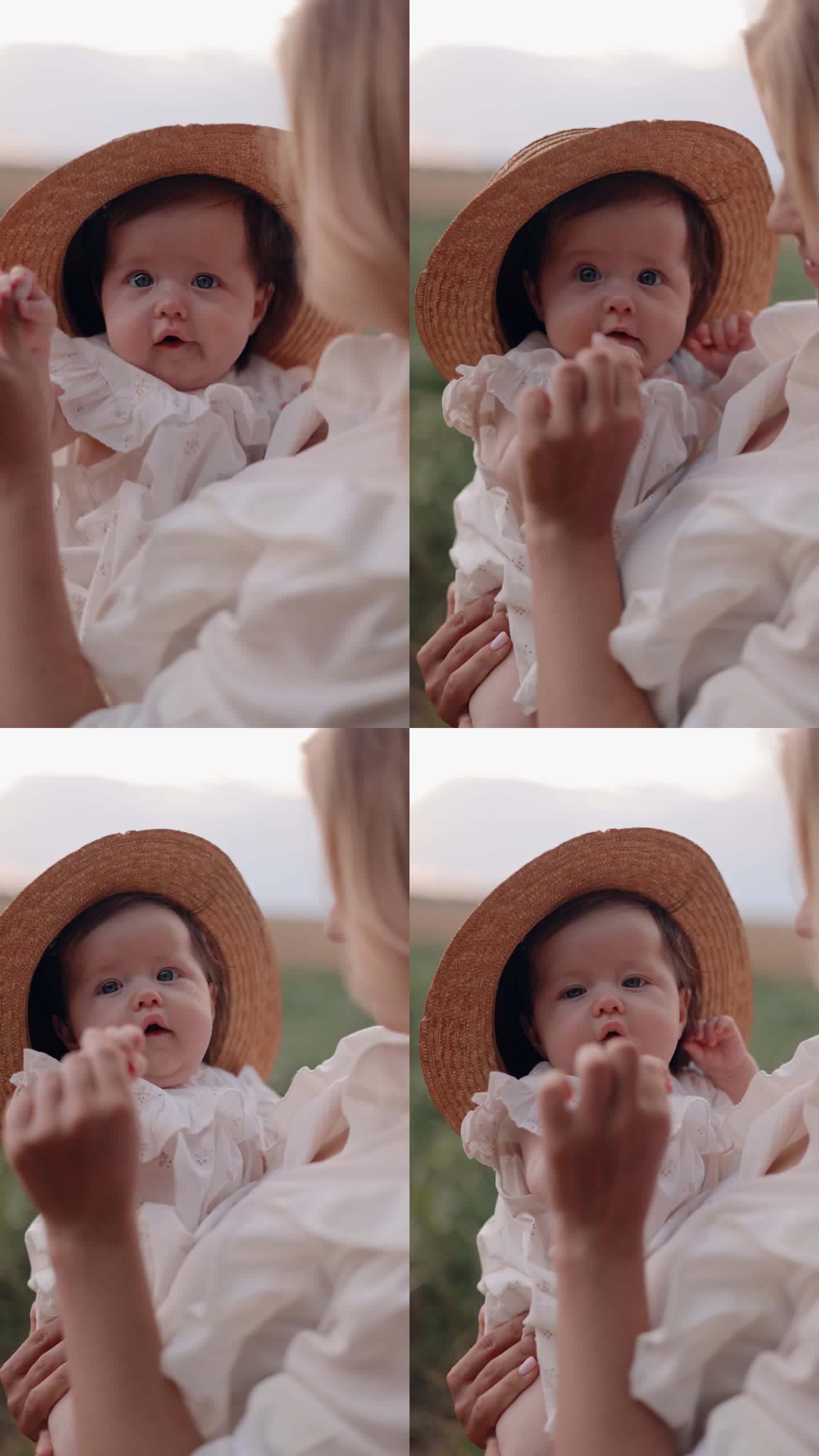 孩子戴着帽子看着镜头的婴儿肖像。夕阳西下，母亲把婴儿抱在怀里。阖家欢乐，母亲节概念。垂直视频