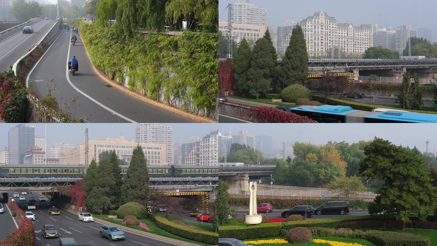 北京城市车流 桥上 火车 东便门桥