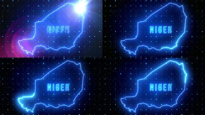 未来的蓝色闪耀尼日尔轮廓地图和标签文本发光霓虹灯耀斑运动揭示与星星闪耀网格