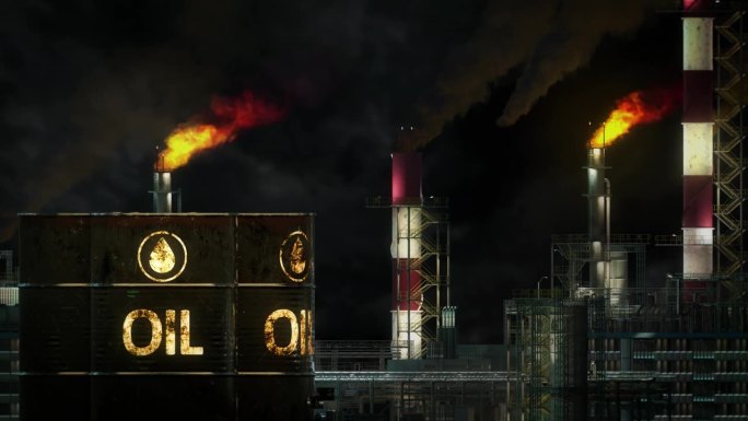 石脑油炼油厂-桶在工厂背景在晚上，虚构的循环视频
