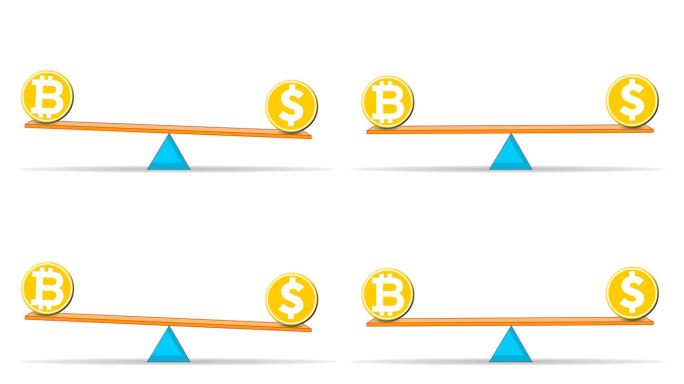 比特币vs美元的比例动画。真实货币和加密货币的符号在杠杆上平衡。金融、技术、区块链与。白色背景。插图
