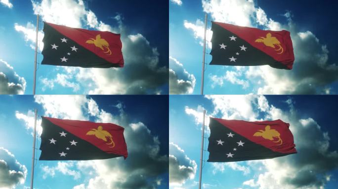 巴布亚新几内亚的国旗迎风飘扬在美丽的蓝天上