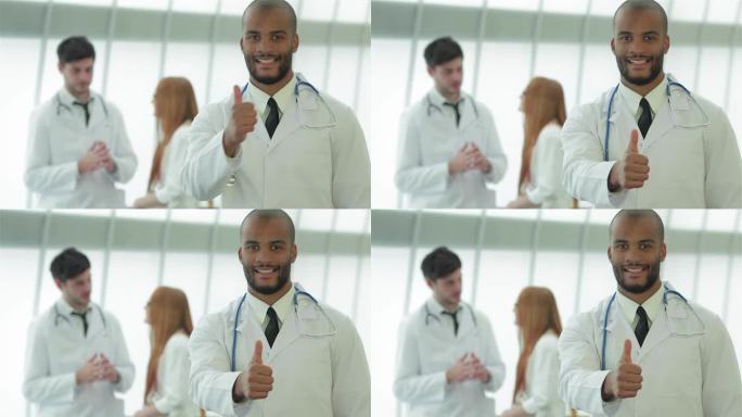 一个成功的医生的肖像竖起了两个大拇指
