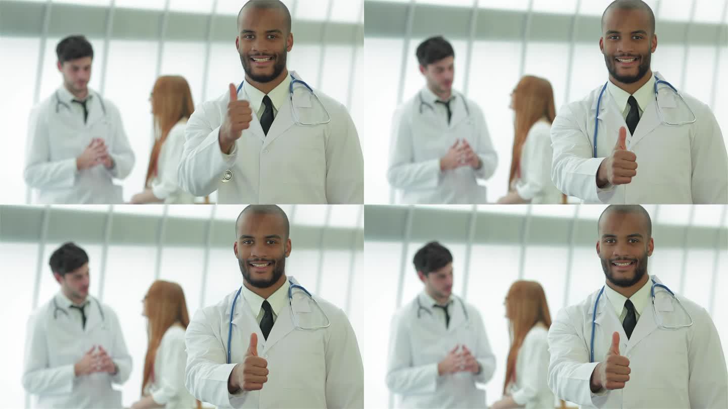 一个成功的医生的肖像竖起了两个大拇指