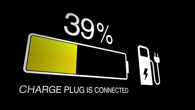 电动汽车电池电量指示器显示电池电量从零增加到100%。替代能源。