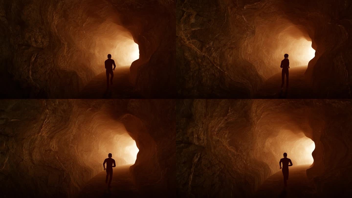 一个人在洞穴隧道里奔向光明
