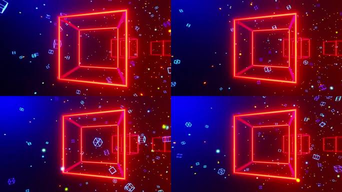 空间中的红色和蓝色霓虹灯立方体。循环动画