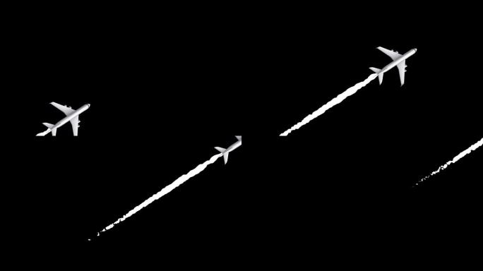 孤立的飞机动画黑色背景。飞行的飞机与烟雾路径的方式在黑暗的空间。4K图形视频