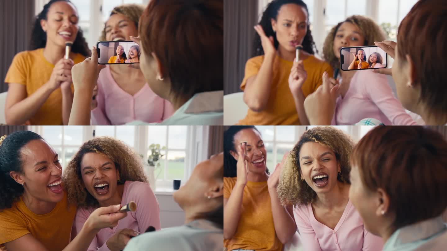 女性朋友在家用手机录视频，对着化妆刷哼唱歌曲