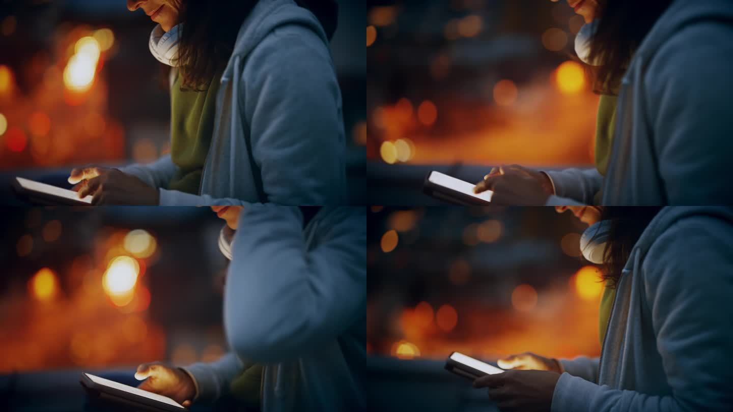 夜间在屋顶上使用智能手机的女子特写