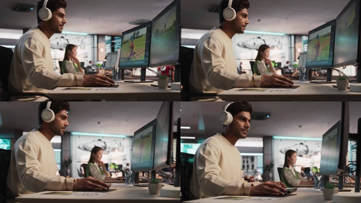 印度男性游戏开发者使用桌面电脑和3D建模软件为身临其境的冒险视频游戏设计角色和世界。在游戏设计公司工