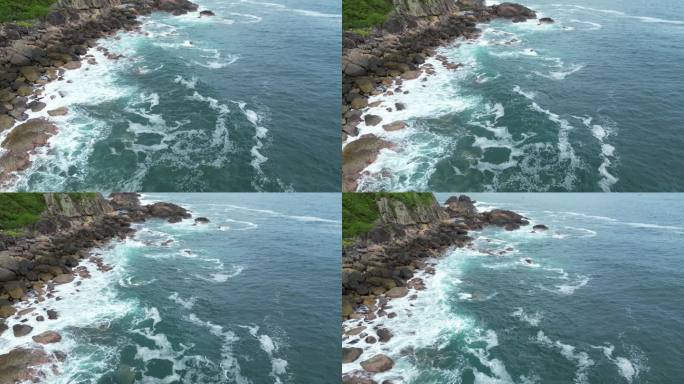 沿海海浪拍打礁石水花航拍俯拍