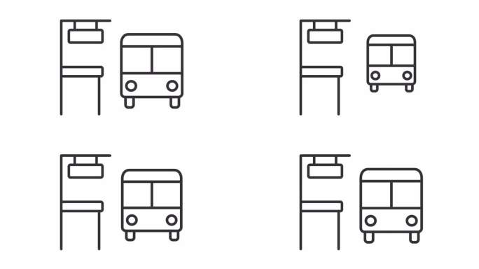 公交站2D黑色简单细线动画，透明背景高清视频，无缝循环4K公交视频