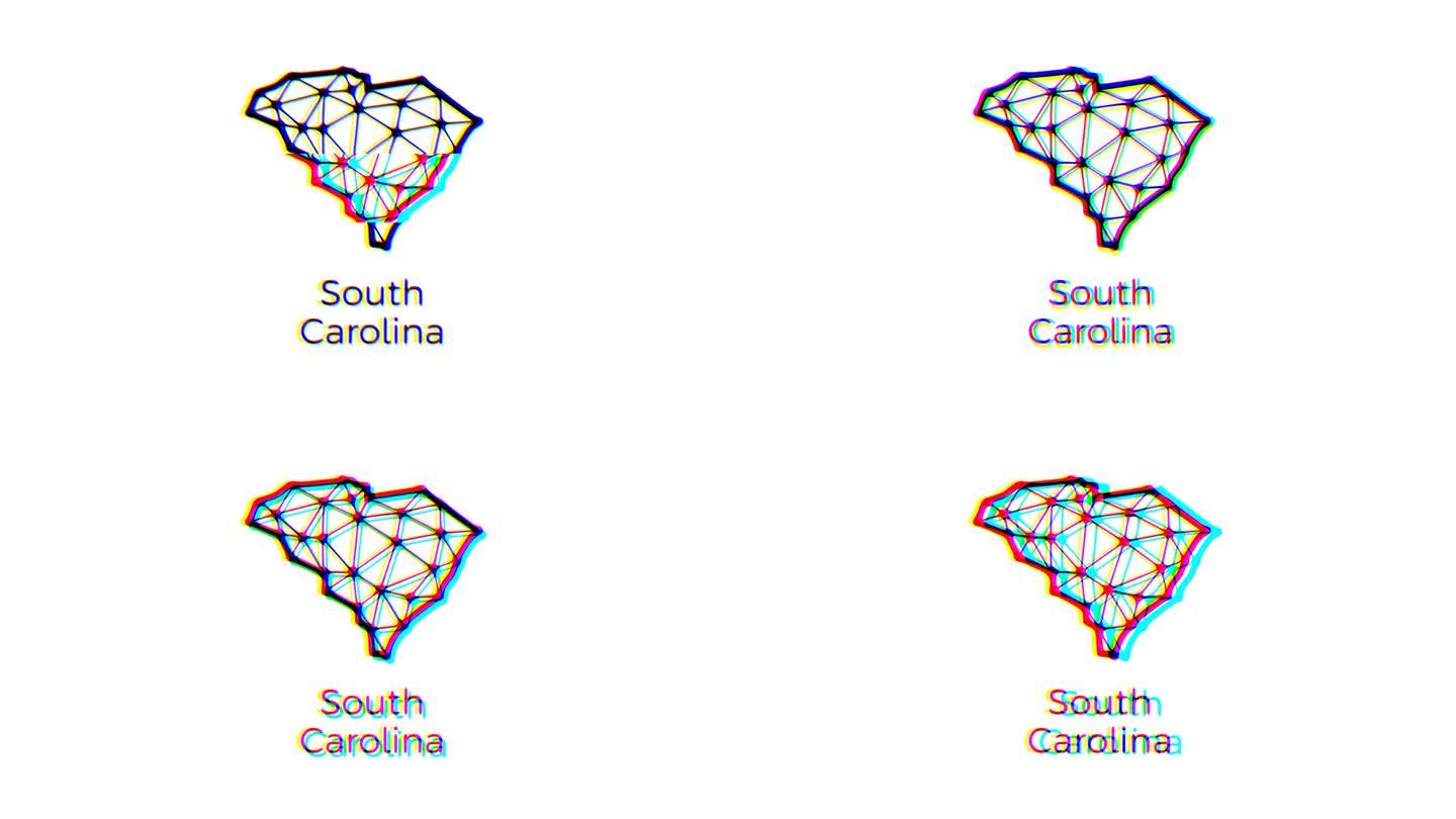 南卡罗来纳州地图动画在多边形风格与故障效果，4k分辨率视频，美国州运动图形