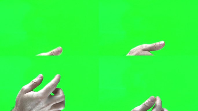 绿色背景chromakey男性多毛的手翻看不见的页面用食指从右到左从上到下和从下到上的技术文字广告空