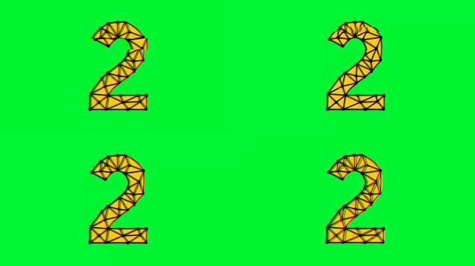 多边形数字2动画与故障效果的绿色背景，4k分辨率视频，文本运动图形