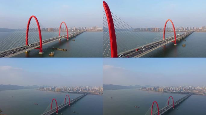 航拍杭州之江大桥低角度