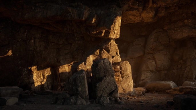 温暖的日光照射在崎岖不平的洞穴的石头地面上。