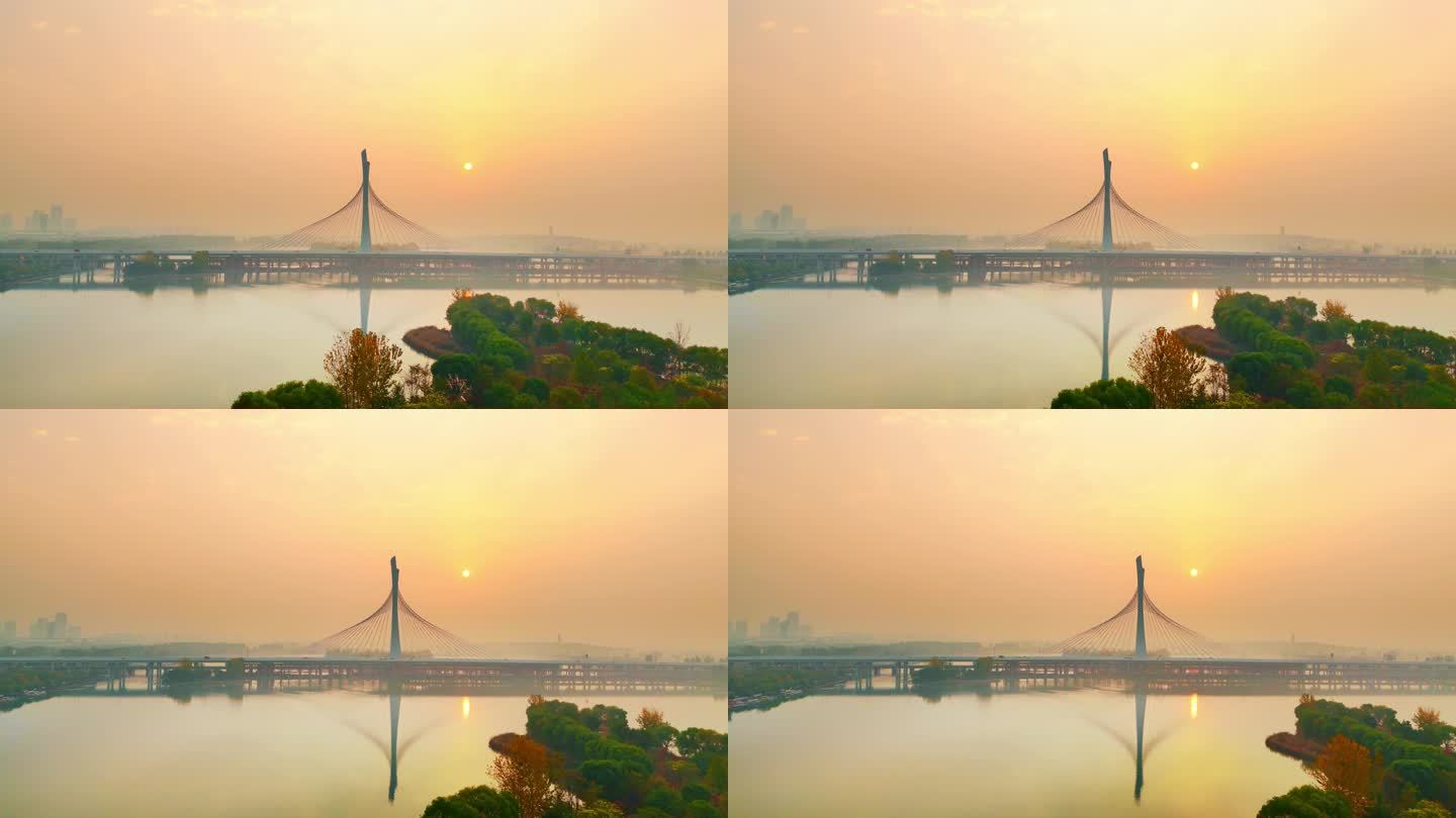 石家庄滹沱河大桥秋天日出航拍