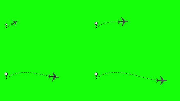 平面线路径动画隔离在绿色屏幕上。航线旅行概念。追踪路径长飞行。4K视频
