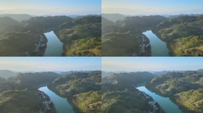 航拍青山绿水 蜿蜒河流 山中美景