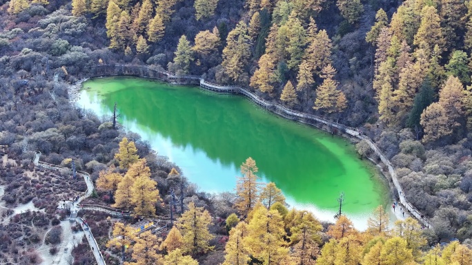 碧绿高山湖泊秋景航拍