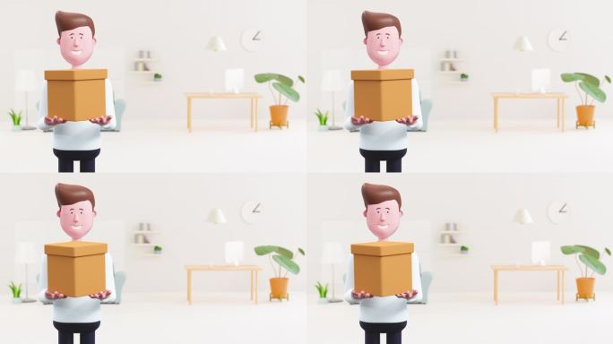 3d动画快乐男顾客卡通送货包裹在家。
