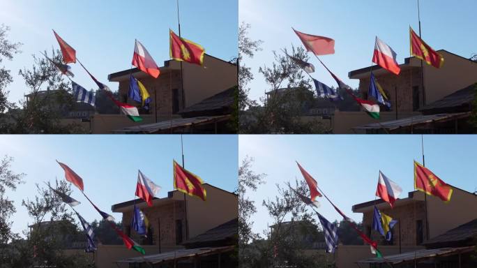 欧洲各国的旗帜迎风飘扬。巴尔干国家首脑会议，正式会议。建筑上有五颜六色的州旗