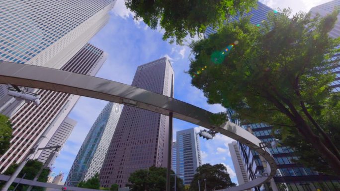 西新宿的高层建筑有着美丽清新的绿色植物