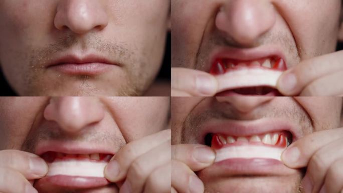一个年轻人把红色吸血鬼尖牙形状的软糖塞进嘴里。
