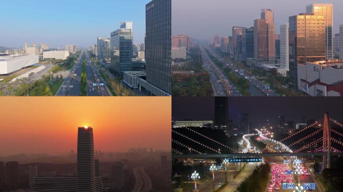 高清航拍武汉光谷建筑和空轨列车夜景