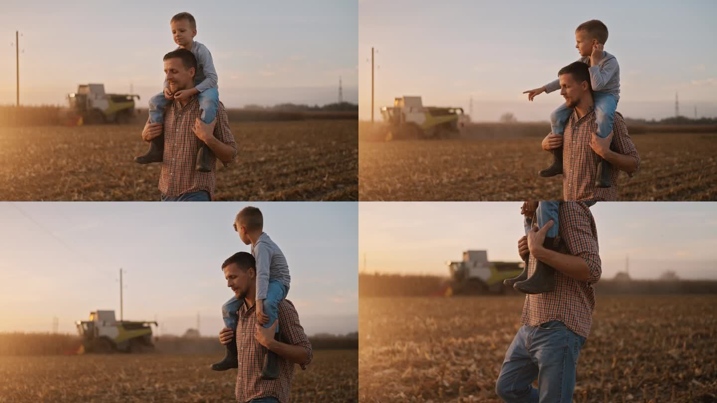 日落时分，肩上扛着儿子的农民在玉米地里展示联合收割机