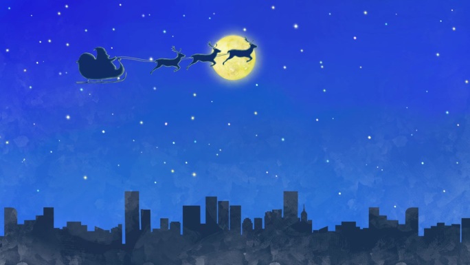 圣诞老人和他的驯鹿在满月下穿过城市的夜晚的动画。
