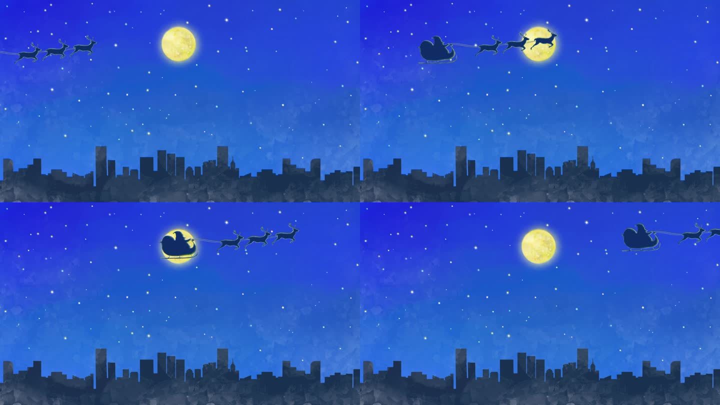 圣诞老人和他的驯鹿在满月下穿过城市的夜晚的动画。