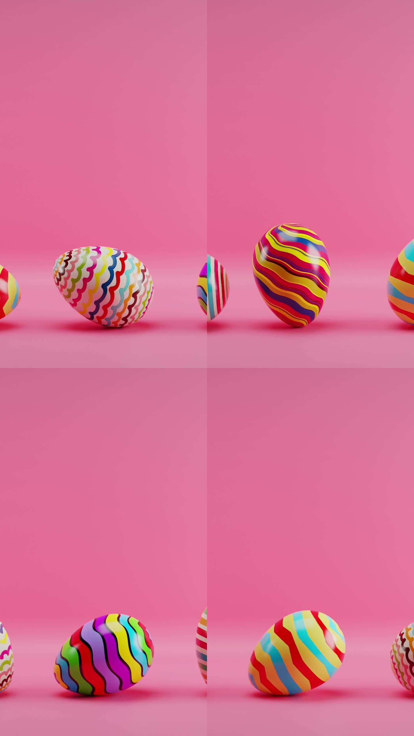 三个彩色条纹蛋在粉红色的背景与粉红色的背景。垂直循环动画