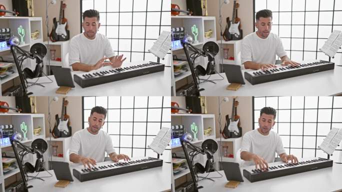 年轻英俊的西班牙裔男子在音乐工作室通过触控板进行视频通话时弹钢琴抢尽风头