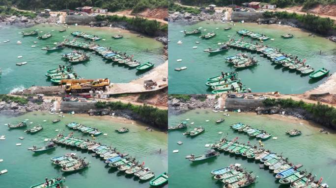 航拍渔民小船停靠码头收获捕捞海鲜视频