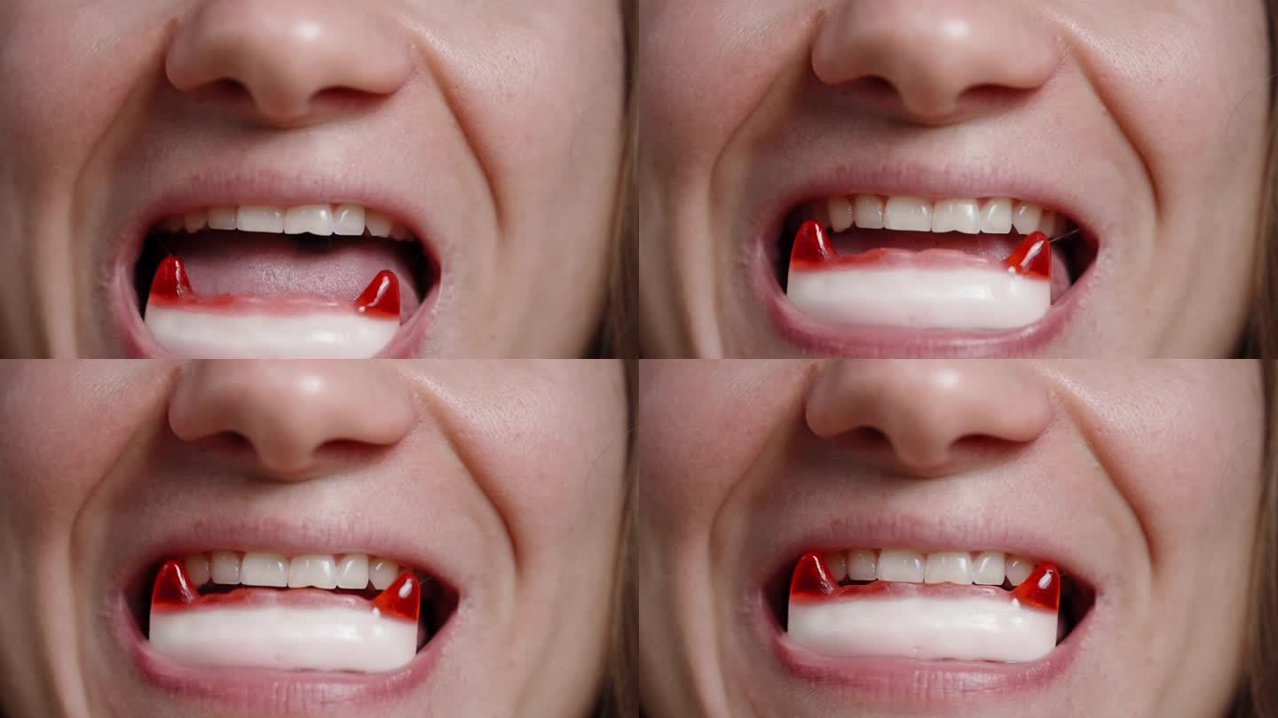 一名年轻女子张开嘴，露出了形状像吸血鬼尖牙的软糖，并开玩笑地与它们互动，特写镜头。