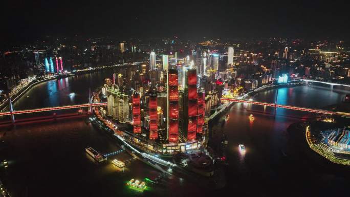 重庆来福士晚霞夜景航拍
