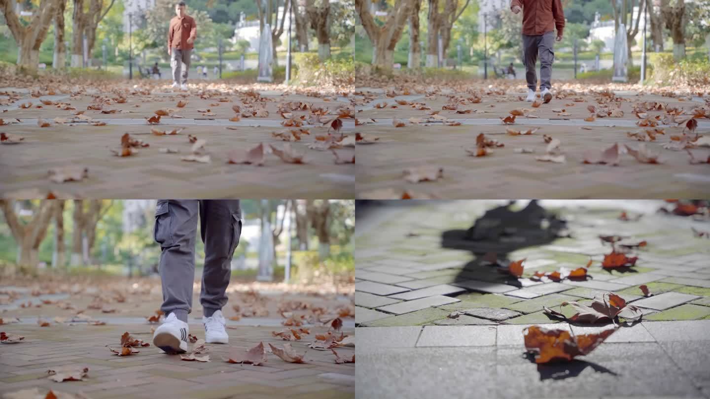 秋天落叶走向镜头脚步走路特写